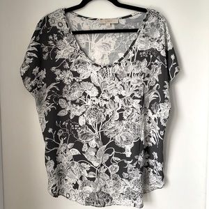 LOFT M Gray floral print mixed material blouse